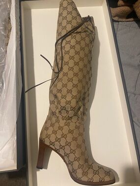 Gucci Beige Monogram Knee-High Lace-Up Heel Boot
